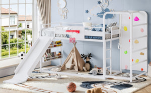 English Elm Twin Metal Loft Bed with Slide Climbing Wall Basketball Hoop and Built-In Shelves Twin Antique White W1580S00697