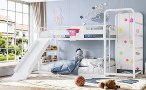 English Elm Twin Metal Loft Bed with Slide Climbing Wall Basketball Hoop and Built-In Shelves Twin Antique White W1580S00697