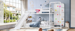 English Elm Twin Metal Loft Bed with Slide Climbing Wall Basketball Hoop and Built-In Shelves Twin Antique White W1580S00697