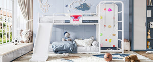 English Elm Twin Metal Loft Bed with Slide Climbing Wall Basketball Hoop and Built-In Shelves Twin Antique White W1580S00697