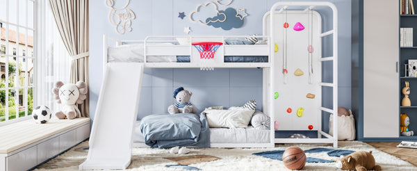 English Elm Twin Metal Loft Bed with Slide Climbing Wall Basketball Hoop and Built-In Shelves Twin Antique White W1580S00697