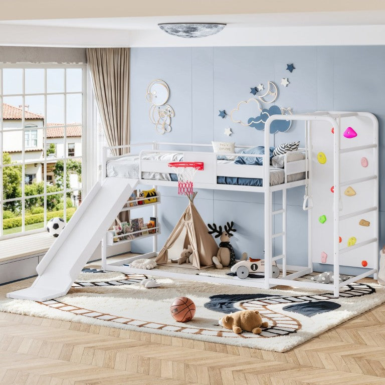English Elm Twin Metal Loft Bed with Slide Climbing Wall Basketball Hoop and Built-In Shelves Twin Antique White W1580S00697
