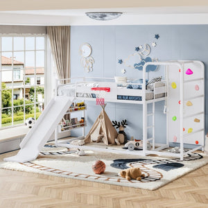 English Elm Twin Metal Loft Bed with Slide Climbing Wall Basketball Hoop and Built-In Shelves Twin Antique White W1580S00697