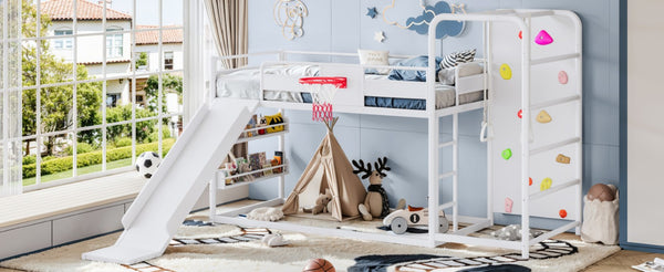 English Elm Twin Metal Loft Bed with Slide Climbing Wall Basketball Hoop and Built-In Shelves Twin Antique White W1580S00697