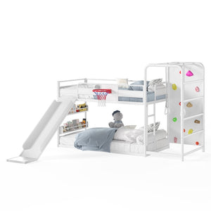 English Elm Twin Metal Loft Bed with Slide Climbing Wall Basketball Hoop and Built-In Shelves Twin Antique White W1580S00697