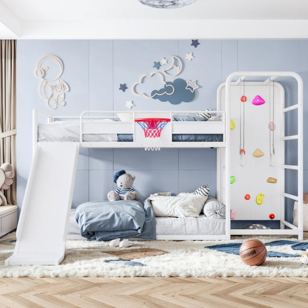 English Elm Twin Metal Loft Bed with Slide Climbing Wall Basketball Hoop and Built-In Shelves Twin Antique White W1580S00697