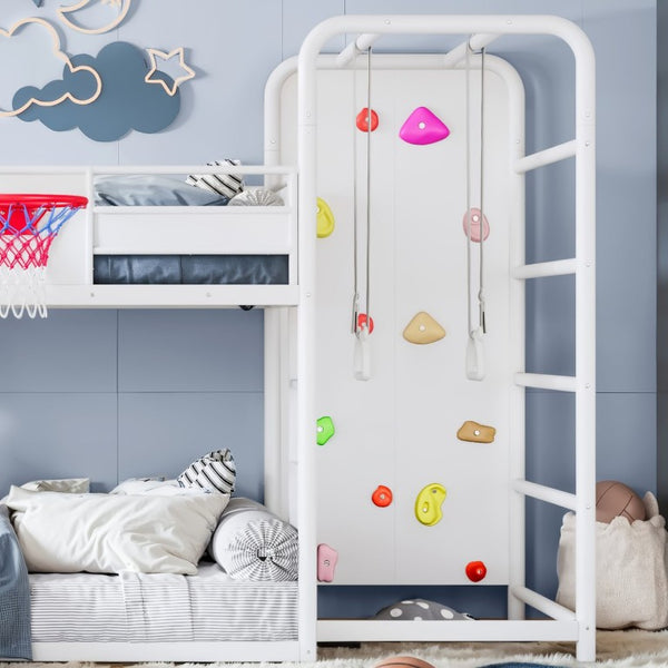 English Elm Twin Metal Loft Bed with Slide Climbing Wall Basketball Hoop and Built-In Shelves Twin Antique White W1580S00697