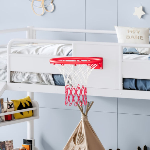 English Elm Twin Metal Loft Bed with Slide Climbing Wall Basketball Hoop and Built-In Shelves Twin Antique White W1580S00697