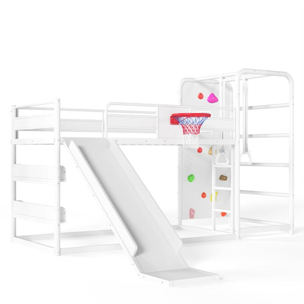 English Elm Twin Metal Loft Bed with Slide Climbing Wall Basketball Hoop and Built-In Shelves Twin Antique White W1580S00697