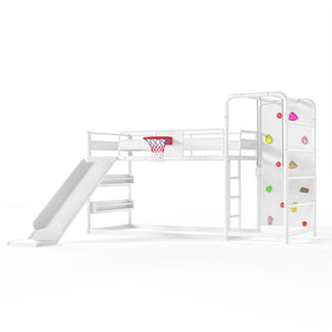 English Elm Twin Metal Loft Bed with Slide Climbing Wall Basketball Hoop and Built-In Shelves Twin Antique White W1580S00697