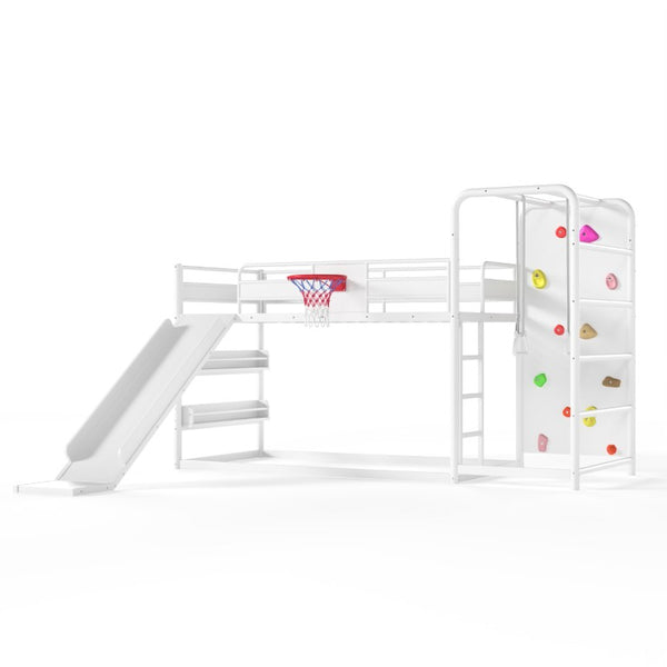 English Elm Twin Metal Loft Bed with Slide Climbing Wall Basketball Hoop and Built-In Shelves Twin Antique White W1580S00697