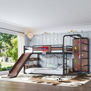 English Elm Twin Metal Loft Bed with Slide Climbing Wall Basketball Hoop and Built-In Shelves Full Black W1580S00698