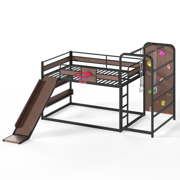 English Elm Twin Metal Loft Bed with Slide Climbing Wall Basketball Hoop and Built-In Shelves Full Black W1580S00698