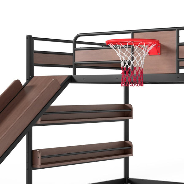 English Elm Twin Metal Loft Bed with Slide Climbing Wall Basketball Hoop and Built-In Shelves Full Black W1580S00698