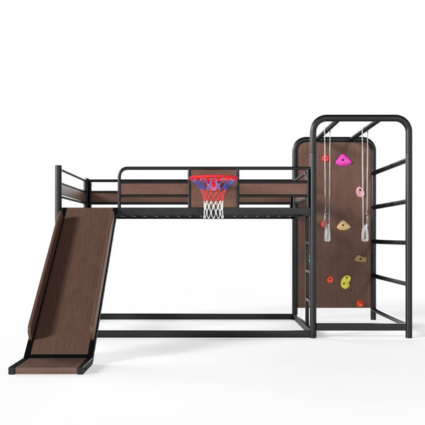 English Elm Twin Metal Loft Bed with Slide Climbing Wall Basketball Hoop and Built-In Shelves Full Black W1580S00698