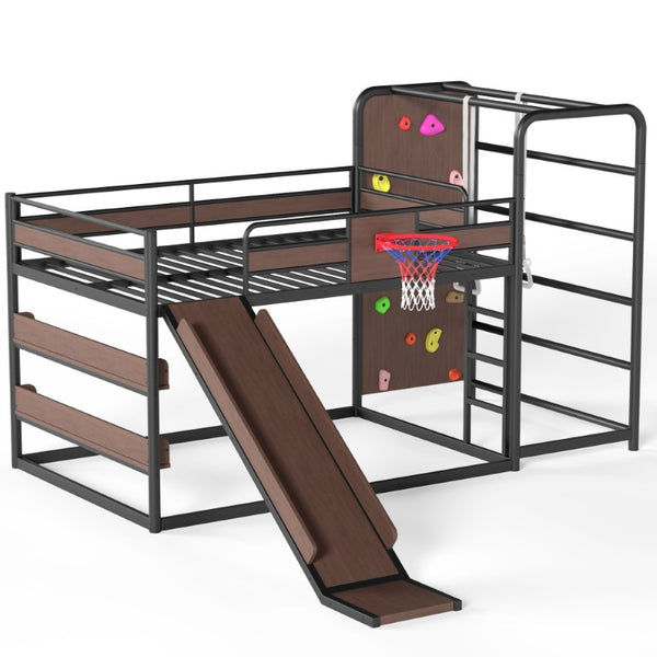 English Elm Twin Metal Loft Bed with Slide Climbing Wall Basketball Hoop and Built-In Shelves Full Black W1580S00698