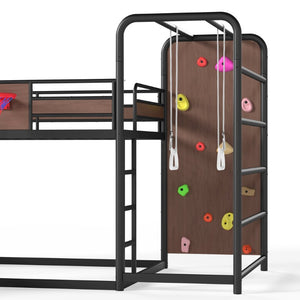 English Elm Twin Metal Loft Bed with Slide Climbing Wall Basketball Hoop and Built-In Shelves Full Black W1580S00698