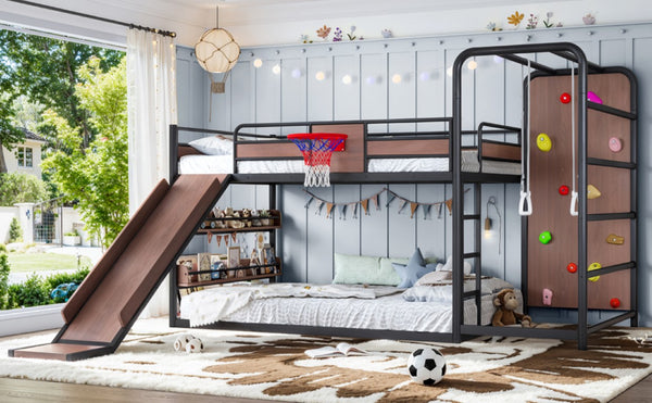 English Elm Twin Metal Loft Bed with Slide Climbing Wall Basketball Hoop and Built-In Shelves Full Black W1580S00698