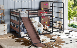 English Elm Twin Metal Loft Bed with Slide Climbing Wall Basketball Hoop and Built-In Shelves Full Black W1580S00698