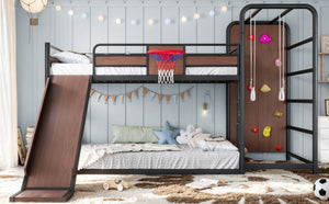 English Elm Twin Metal Loft Bed with Slide Climbing Wall Basketball Hoop and Built-In Shelves Full Black W1580S00698