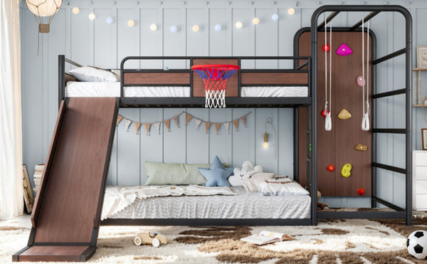 English Elm Twin Metal Loft Bed with Slide Climbing Wall Basketball Hoop and Built-In Shelves Full Black W1580S00698