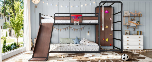English Elm Twin Metal Loft Bed with Slide Climbing Wall Basketball Hoop and Built-In Shelves Full Black W1580S00698