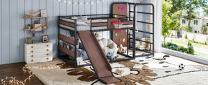 English Elm Twin Metal Loft Bed with Slide Climbing Wall Basketball Hoop and Built-In Shelves Full Black W1580S00698