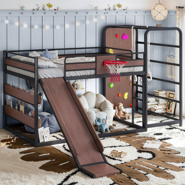English Elm Twin Metal Loft Bed with Slide Climbing Wall Basketball Hoop and Built-In Shelves Full Black W1580S00698
