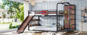 English Elm Twin Metal Loft Bed with Slide Climbing Wall Basketball Hoop and Built-In Shelves Full Black W1580S00698