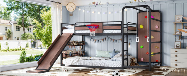 English Elm Twin Metal Loft Bed with Slide Climbing Wall Basketball Hoop and Built-In Shelves Full Black W1580S00698