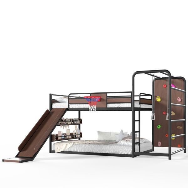 English Elm Twin Metal Loft Bed with Slide Climbing Wall Basketball Hoop and Built-In Shelves Full Black W1580S00698