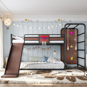 English Elm Twin Metal Loft Bed with Slide Climbing Wall Basketball Hoop and Built-In Shelves Full Black W1580S00698