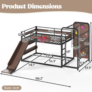 English Elm Twin Metal Loft Bed with Slide Climbing Wall Basketball Hoop and Built-In Shelves Full Black W1580S00698