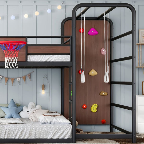 English Elm Twin Metal Loft Bed with Slide Climbing Wall Basketball Hoop and Built-In Shelves Full Black W1580S00698