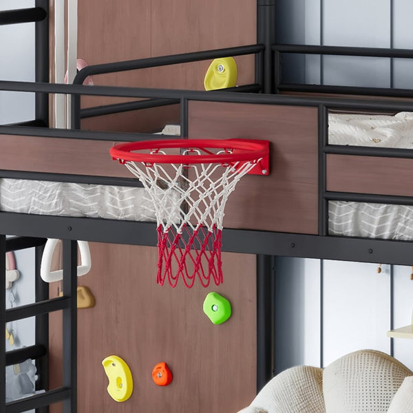 English Elm Twin Metal Loft Bed with Slide Climbing Wall Basketball Hoop and Built-In Shelves Full Black W1580S00698