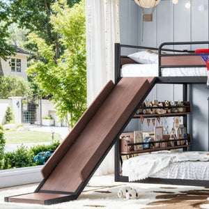 English Elm Twin Metal Loft Bed with Slide Climbing Wall Basketball Hoop and Built-In Shelves Full Black W1580S00698