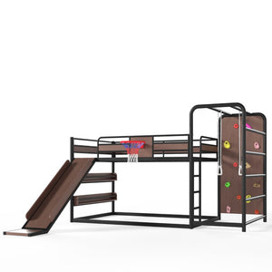 English Elm Twin Metal Loft Bed with Slide Climbing Wall Basketball Hoop and Built-In Shelves Full Black W1580S00698