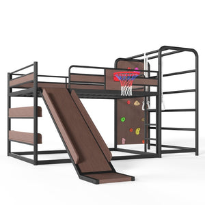 English Elm Twin Metal Loft Bed with Slide Climbing Wall Basketball Hoop and Built-In Shelves Full Black W1580S00698