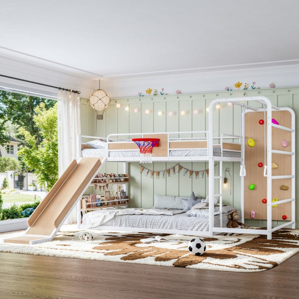 English Elm Twin Metal Loft Bed with Slide Climbing Wall Basketball Hoop and Built-In Shelves Full Antique White and Yellow W1580S00699