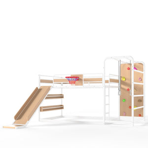 English Elm Twin Metal Loft Bed with Slide Climbing Wall Basketball Hoop and Built-In Shelves Full Antique White and Yellow W1580S00699