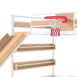 English Elm Twin Metal Loft Bed with Slide Climbing Wall Basketball Hoop and Built-In Shelves Full Antique White and Yellow W1580S00699