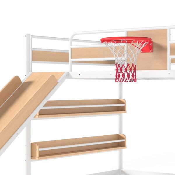English Elm Twin Metal Loft Bed with Slide Climbing Wall Basketball Hoop and Built-In Shelves Full Antique White and Yellow W1580S00699