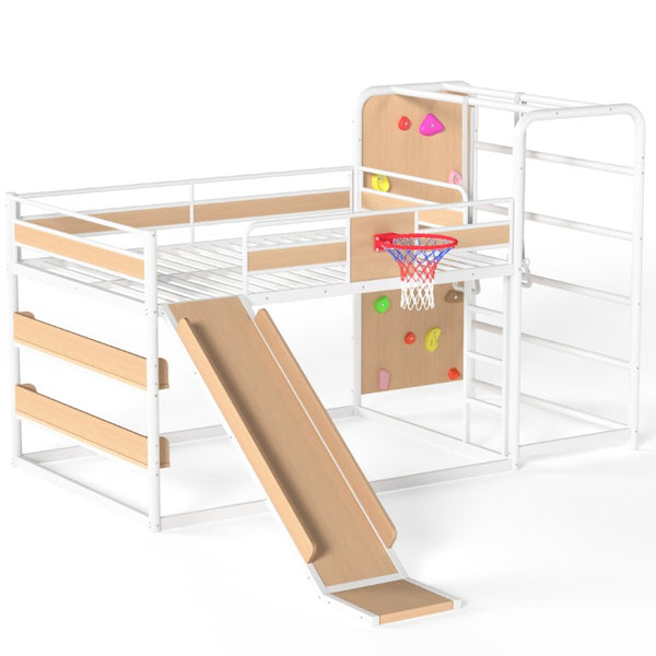 English Elm Twin Metal Loft Bed with Slide Climbing Wall Basketball Hoop and Built-In Shelves Full Antique White and Yellow W1580S00699