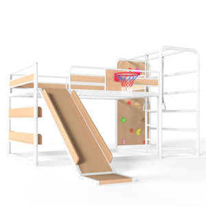 English Elm Twin Metal Loft Bed with Slide Climbing Wall Basketball Hoop and Built-In Shelves Full Antique White and Yellow W1580S00699