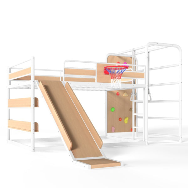 English Elm Twin Metal Loft Bed with Slide Climbing Wall Basketball Hoop and Built-In Shelves Full Antique White and Yellow W1580S00699