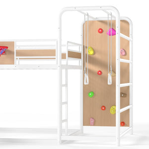 English Elm Twin Metal Loft Bed with Slide Climbing Wall Basketball Hoop and Built-In Shelves Full Antique White and Yellow W1580S00699