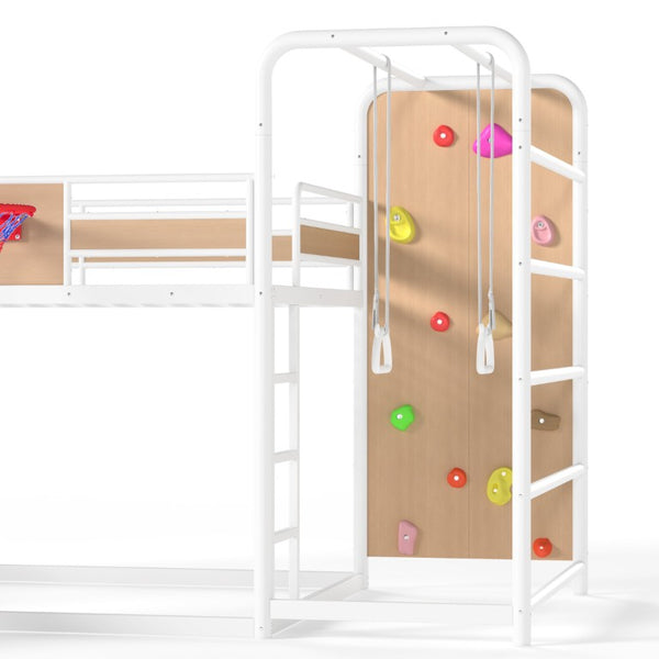 English Elm Twin Metal Loft Bed with Slide Climbing Wall Basketball Hoop and Built-In Shelves Full Antique White and Yellow W1580S00699