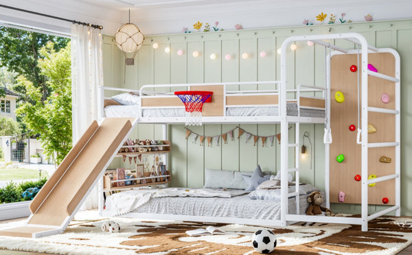 English Elm Twin Metal Loft Bed with Slide Climbing Wall Basketball Hoop and Built-In Shelves Full Antique White and Yellow W1580S00699