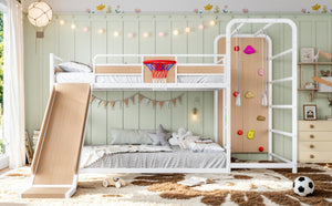 English Elm Twin Metal Loft Bed with Slide Climbing Wall Basketball Hoop and Built-In Shelves Full Antique White and Yellow W1580S00699