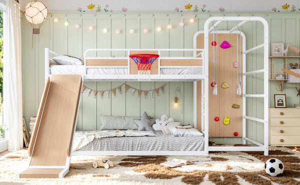 English Elm Twin Metal Loft Bed with Slide Climbing Wall Basketball Hoop and Built-In Shelves Full Antique White and Yellow W1580S00699